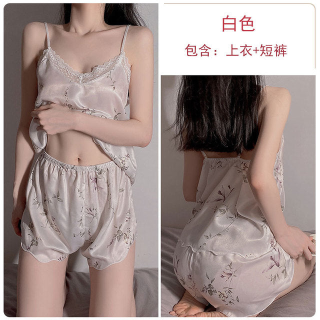Womens Pajamas Silk Satin Two Piece Summer Thin Sleepwear Sexy Deep V Printing Shorts Two Sets Girls Sweet Soft Home Cothes Suit