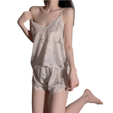 Load image into Gallery viewer, Womens Pajamas Silk Satin Two Piece Summer Thin Sleepwear Sexy Deep V Printing Shorts Two Sets Girls Sweet Soft Home Cothes Suit