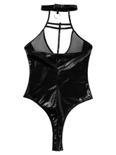 Load image into Gallery viewer, Womens Patent Leather Bodycon Bodysuit Hollow Out Zipper Crotch Jumpsuits See-through Mesh Patchwork Unlined Bra Backless Romper