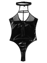 Load image into Gallery viewer, Womens Patent Leather Bodycon Bodysuit Hollow Out Zipper Crotch Jumpsuits See-through Mesh Patchwork Unlined Bra Backless Romper