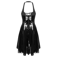 Load image into Gallery viewer, Womens Patent Leather Glossy Dress Halter Neck Lace-Up Front Sexy Clubwear for Cosplay Backless Irregular Hemline Flared Dresses