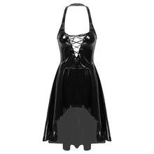 Load image into Gallery viewer, Womens Patent Leather Glossy Dress Halter Neck Lace-Up Front Sexy Clubwear for Cosplay Backless Irregular Hemline Flared Dresses