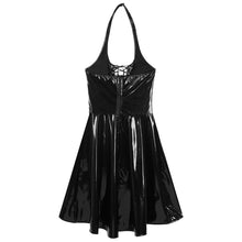 Load image into Gallery viewer, Womens Patent Leather Glossy Dress Halter Neck Lace-Up Front Sexy Clubwear for Cosplay Backless Irregular Hemline Flared Dresses