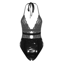 Load image into Gallery viewer, Womens Plunging Neckline Halter Lace-up High Cut Bodysuit Nightwear Patent Leather Patchwork See-through Lace Leotard Catsuit