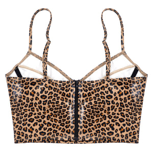 Womens Pole Dacing Outfit Leopard Print Patent Leather Camisole Adjustable Spaghetti Strap Zipper Back Sleeveless Vest Crop Tops