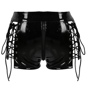Womens Pole Dance Mini Short Wet Look Patent Leather Hollow Out Lace-up Zipper Crotch Rave Booty Shorts Pants for Night Club