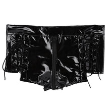 Load image into Gallery viewer, Womens Pole Dance Mini Short Wet Look Patent Leather Hollow Out Lace-up Zipper Crotch Rave Booty Shorts Pants for Night Club