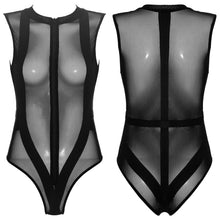 Load image into Gallery viewer, Womens See Through Sheer Mesh Sleeveless Bodysuit O Neck Elastic Band Patchwork Leotard Zipper Front Catsuit Pole Dance Costumes