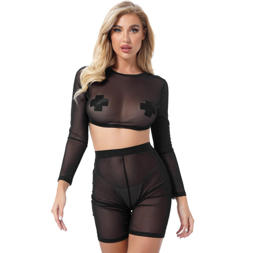 Womens Sexy Lingerie Suit See Through Mesh Round Neck Long Sleeve Blouse with High Waist Elastic Waistband Undershorts Underwear