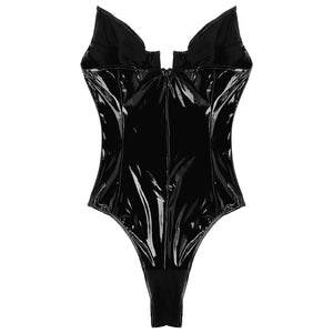 Womens Sexy Underwired Cup High Cut Thongs Bodysuit for Sex Wet Look Patent Leather Lingerie Shiny Strapless Erotic Costume