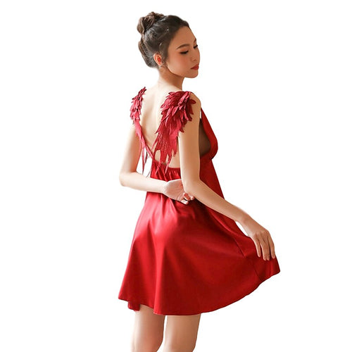Womens Sleepwear Silk Lingere Backless Night Dress  Sexy Hot Erotic Satin Lingerie Nightgown Deep V Vintage Fashion With Wings