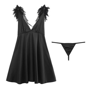 Womens Sleepwear Silk Lingere Backless Night Dress  Sexy Hot Erotic Satin Lingerie Nightgown Deep V Vintage Fashion With Wings