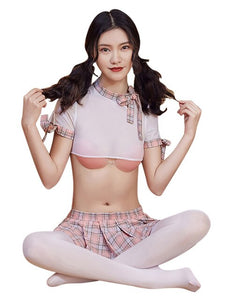 Womens Student Uniform Sexy School Girl Cosplay Lingerie Lady Erotic Temptation Costume See-through Crop Top with Mini Skirt