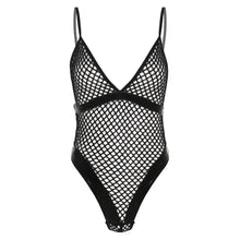 Load image into Gallery viewer, Womens Teddies Catsuit See-through Hollow Out Fishnet Bodysuit Patent Leather Patchwork Romper High Cut Spaghetti Strap Leotard