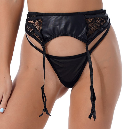 Womens Two-piece Underwear Set Faux Leather Lace Patchwork Adjustable Waistband Garters with Low Waist G-string Thong Underpants