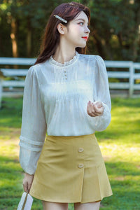 Wooden ears, beaded design, folds, dark lines, autumn new chiffon shirt, long sleeves, thin shirt