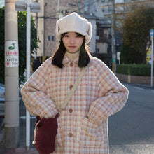 Load image into Gallery viewer, Wool Blends Sweet Girl Pink Plaid Korean Style Fashion Peter Pan Collar Kawaii Loose Casual All-match Harajuku Woolen Coat