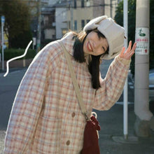 Load image into Gallery viewer, Wool Blends Sweet Girl Pink Plaid Korean Style Fashion Peter Pan Collar Kawaii Loose Casual All-match Harajuku Woolen Coat