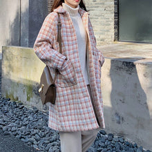 Load image into Gallery viewer, Wool Blends Sweet Girl Pink Plaid Korean Style Fashion Peter Pan Collar Kawaii Loose Casual All-match Harajuku Woolen Coat