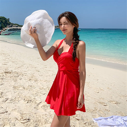 Wrap One Piece Swimsuit Women Solid Swimwear With Skirt Push Up Monokini Pleated Swim Suit Korea Style Trikini Pad Bathing Suit