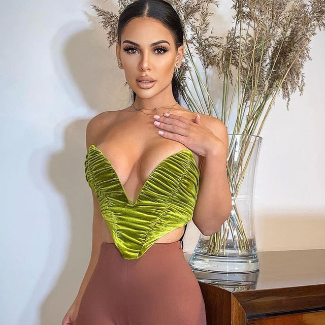 Y2K 2022 Fashion Green Backless Bottoming Corset Tops Sexy Lrregular Pleated Tank Cropped Casual Party Women's Clothing Tshirt