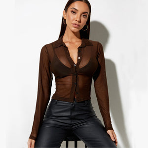 Y2K 2022 Spring Fall Fashion Net Yarn Square Neck Black Long Sleeves Women&#39;s Blouses Sexy Tank Cropped Casual Tops Shirts Tee