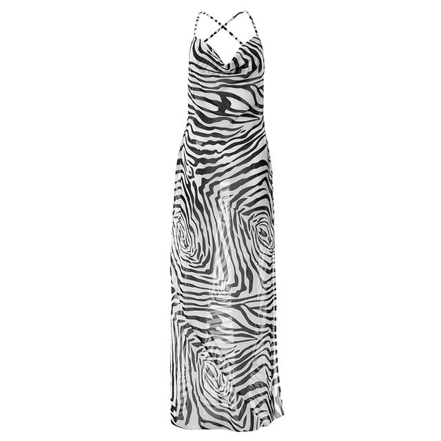 Y2K 2022 Tank Strap Zebra Sling Elegant Split Casual Evening Party Sexy Backless Split Women's Clothes Beach Vacation Maxi Dress