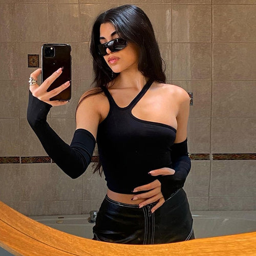 Y2K Black Halter Neck Crop Top Sexy Women Streetwear 2021 Skinny Cut Out Long Sleeve Autumn Casual T Shirt Fashion Tops