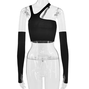 Y2K Black Halter Neck Crop Top Sexy Women Streetwear 2021 Skinny Cut Out Long Sleeve Autumn Casual T Shirt Fashion Tops