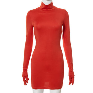 Y2K Elegant Red Long Sleeve with Gloves Solid Mini Dress Autumn Birthday Party Club Women&#39;s Bodycon Dresses Outfits