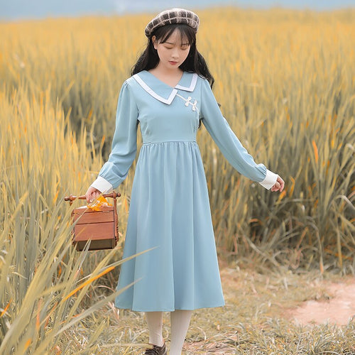 Y2K Women's Clothing 2021 Retro Sweet Blue Dress Female Elegant Cute Long Sleeve Irregular Doll Collar Design Chic Dress Vestido