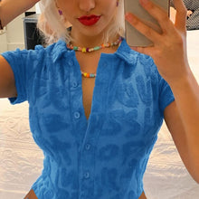 Load image into Gallery viewer, Y2k Crop Top Blue Women Sexy Knitted V-neck Tops Short Sleeve  2021 Summer Fashion Club Party Bodycon Shirts 90s Streetwear