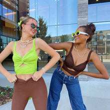 Load image into Gallery viewer, Y2k Fairycore Hollow Out V Neck Women Crop Top Pure Brown Patchwork Sleeveless Slim Tee Pullover Cropped Casual Women Vest 2022