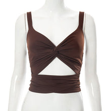 Load image into Gallery viewer, Y2k Fairycore Hollow Out V Neck Women Crop Top Pure Brown Patchwork Sleeveless Slim Tee Pullover Cropped Casual Women Vest 2022
