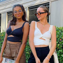 Load image into Gallery viewer, Y2k Fairycore Hollow Out V Neck Women Crop Top Pure Brown Patchwork Sleeveless Slim Tee Pullover Cropped Casual Women Vest 2022