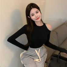 Load image into Gallery viewer, Y2k Hollow Out Strapless Diamond Women T-shirt Long Sleeve Round Neck Slim Solid Women Tees Knitwear With Bottoming Inside