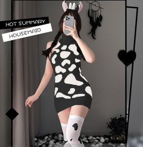 YYDS Japanese girl cow print sexy lingerie short skirt mid-length high-neck backless sweater sexy private pajamas