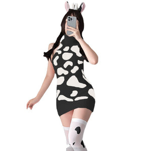 YYDS Japanese girl cow print sexy lingerie short skirt mid-length high-neck backless sweater sexy private pajamas