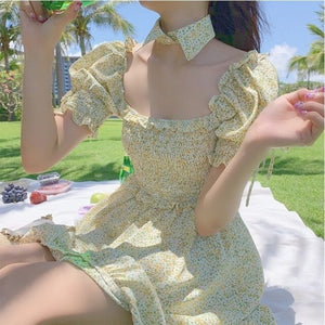 Yellow Floral Elegant Dress Women Puff Sleeve Retro Casual Beach Party Dresses Korean Style Bule Print Summer Light Dresses 2021