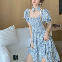 Load image into Gallery viewer, Yellow Floral Elegant Dress Women Puff Sleeve Retro Casual Beach Party Dresses Korean Style Bule Print Summer Light Dresses 2021