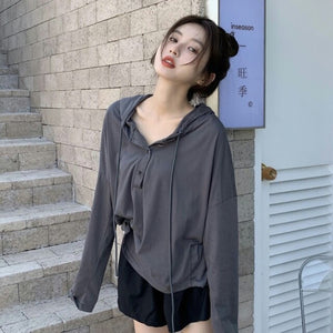 Yellow Long Sleeve Hooded T-shirt Women's Spring and Autumn Thin 2021 New Design Sense of Minority Loose Top