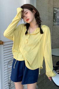 Yellow Long Sleeve Hooded T-shirt Women's Spring and Autumn Thin 2021 New Design Sense of Minority Loose Top