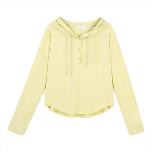 Yellow Long Sleeve Hooded T-shirt Women's Spring and Autumn Thin 2021 New Design Sense of Minority Loose Top