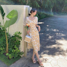 Load image into Gallery viewer, Yellow Party Floral Dress Women Summer Short Sleeve Chiffon Sweet Elegant Midi Dress Korean Beach Outing Casual Vintage Dress