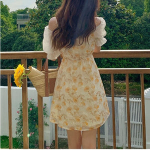 Yellow Party Floral Dress Women Summer Short Sleeve Chiffon Sweet Elegant Midi Dress Korean Beach Outing Casual Vintage Dress