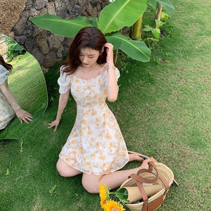 Yellow Party Floral Dress Women Summer Short Sleeve Chiffon Sweet Elegant Midi Dress Korean Beach Outing Casual Vintage Dress