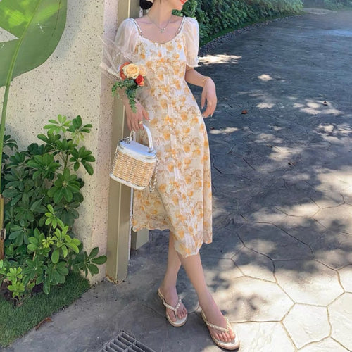 Yellow Party Floral Dress Women Summer Short Sleeve Chiffon Sweet Elegant Midi Dress Korean Beach Outing Casual Vintage Dress