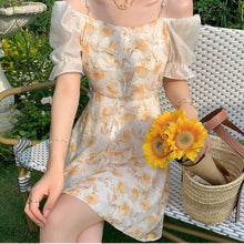 Load image into Gallery viewer, Yellow Party Floral Dress Women Summer Short Sleeve Chiffon Sweet Elegant Midi Dress Korean Beach Outing Casual Vintage Dress