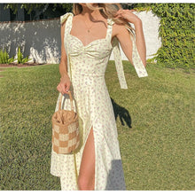 Load image into Gallery viewer, Yellow Print Dress Women Sexy Side Split Floral Ladies Dress Summer Sleeveless Tie Up Bow Strap Elegant Midi Dresses Casual