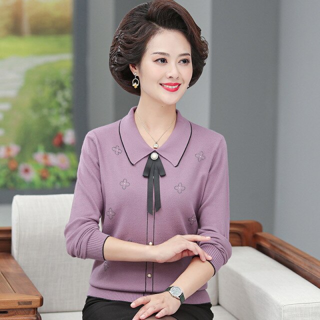 Young Mother Spring And Autumn Fashion Middle-Aged Women'S Knitted Thin Lapel Long Sleeve Printed Sweater